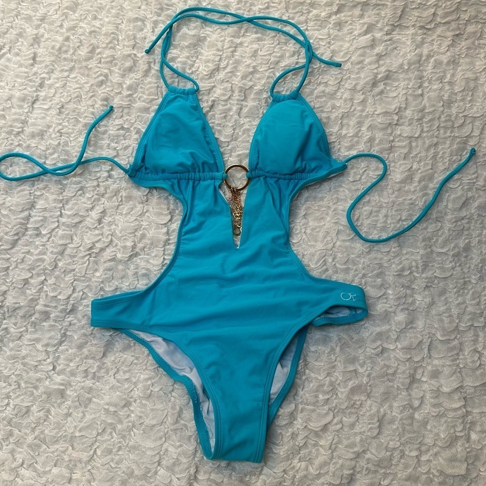 OP Women's One-Piece Swimsuit in Bright Teal with Gold Ring